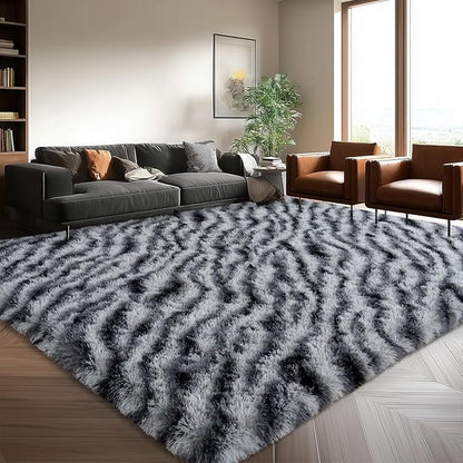 8x10 Large Area Rugs for Living Room, Soft Black White Zebra Big Shag Rug for Bedroom Nursery Kids Room Dorm, Non-Slip Modern Fluffy Plush Carpet for Home Decor