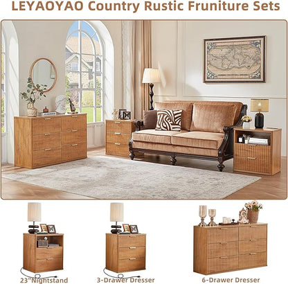 LEYAOYAO Fluted Dresser and 3 Drawers Nightstand Set of 2, Wood 48" Wide Dresser & 23" Night Stand with Charging Station, 3 Piece Bedroom Furniture Set, Chest of Drawers for Home,Living Room,Brown