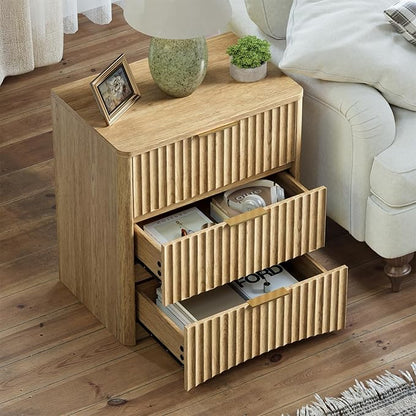 Evermagin Fluted Nightstand Set of 2, Natural Oak Bedside Table with 3 Drawers, Wood End Table with Storage Mid Century Modern, Large Night Stand for Bedroom
