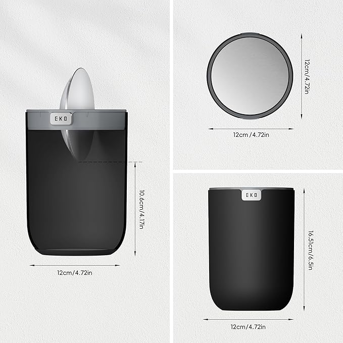 EKO Mini Desk Trash Can with Swing-Top Lid 0.4 Gallon Small Table Round Wastebasket for Office, Home, Car (Black)