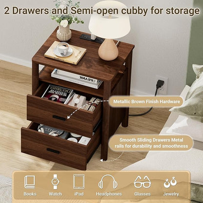 FavourLife Night Stand Set 2, 20" Wide Nightstands Set of 2, Modern Nightstand with Charging Station, 2 Drawer Wooden End Table with Solid Round Post Legs, Bedside Table w/Storage for Bedroom, Walnut