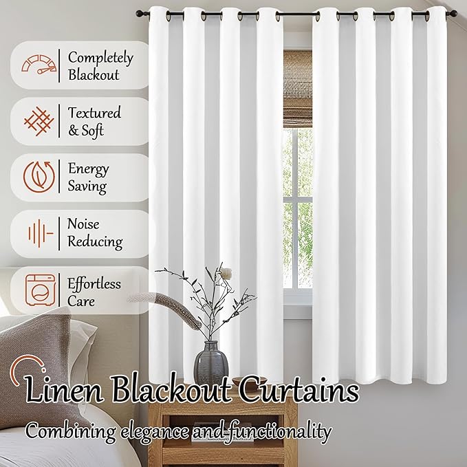 Blackout Curtains for Bedroom 63 Inch Length 2 Panels Set, Thermal Insulated 100% Black Out Privacy Soundproof Grommet Farmhouse Linen Window Curtains for Living Room Darkening, White, Each 52”Wide