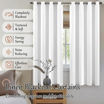 Blackout Curtains for Bedroom 72 Inch Length 2 Panels Set, Thermal Insulated 100% Black Out Privacy Soundproof Grommet Farmhouse Linen Window Curtains for Living Room Darkening, White, Each 52”Wide