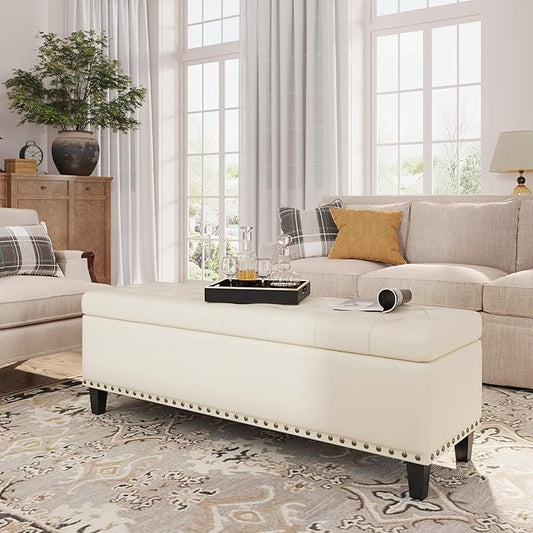 Storage Ottoman Bench,51-Inch Large Storage Bench for Bedroom End of Bed, 30 Gallons Faux Leather Ottoman with Storage for Bedroom, Living Room, Entryway, Cream White