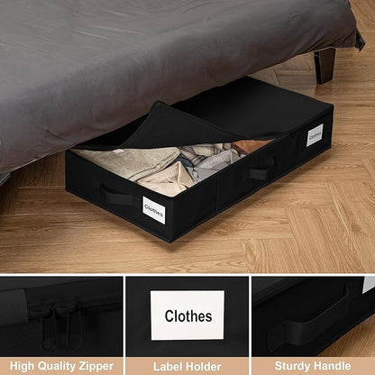 Under Bed Storage with Wheels, 2 Pack Under Bed Storage Containers with Label Holders for Clothes, Shoes and Blankets, Rolling Underbed Shoe Organizer with Cover, Black (30.71x15.7x7.28 in)