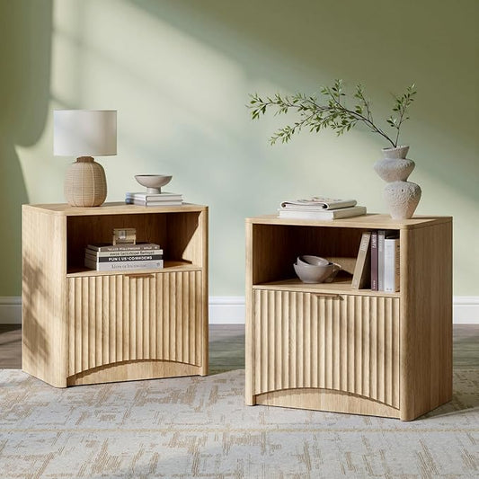 Evermagin Fluted Nightstand Set of 2, Natural Oak Bedside Table with Drawer and Storage, Wood End Table Mid Century Modern, Large Night Stand for Bedroom