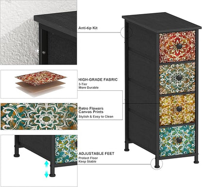 GiftGo Skinny Slim Dresser with Fabric Drawers Thin Boho Mandala Flower Chest of Drawers Narrow Storage Tower for Small Spaces Gaps Bedroom Beautiful Nightstand Living Room Table