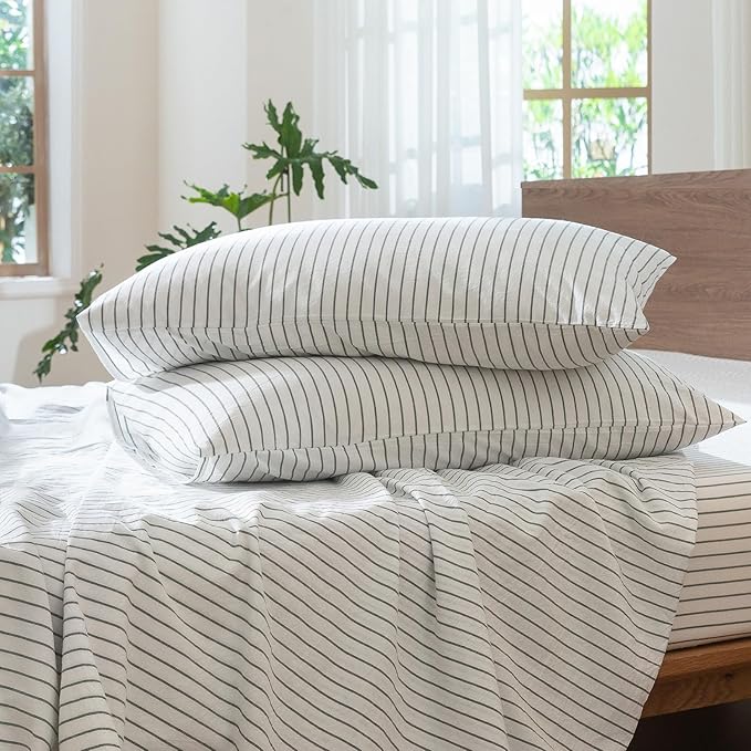 MooMee Striped Duvet Cover Set 100% Washed Cotton Linen Like Textured Breathable Durable Soft Comfy (White Heathered Green Wide Stripes, Full 80"x90")