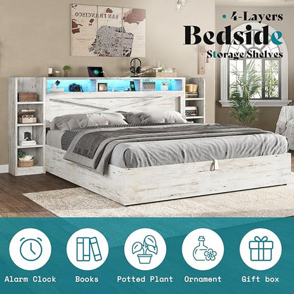 AMERLIFE King Size Lift Up Storage Bed Frame, 45.1" LED Bed Frame with 2 Side Shelves & Bookcase Headboard, Farmhouse Wood Platform Bed with Charging Station, No Box Spring Needed, Distressed White