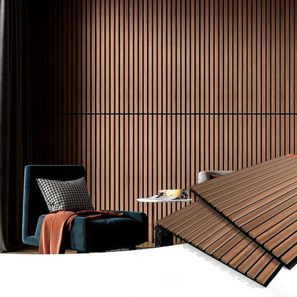 Art3d 2 Wood Slat Acoustic Panels for Wall and Ceiling - 3D Fluted Sound Absorbing Panel with Wood Finish - Walnut