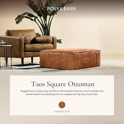 POLY & BARK Taos Ottoman – 37" Square Pouf with Feather-Down Topper – Full-Grain Leather Upholstered Pouf Ottoman for Living Room – Vintage Italian Leather in Cognac Tan