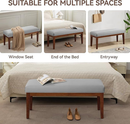 43.5'' Faux Leather Bedroom Bench, Upholstered End of Bed Bench, Padded Vintage Dining Bench, Entryway Bench with Solid Wood Legs, Kitchen, Living Room, Hallway, Grey