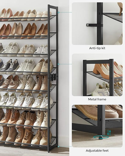SONGMICS Shoe Rack, 8-Tier Shoe Organizer, Metal Rack for Garage, Set of 2, 4-Tier Stackable Shelf, with Adjustable Flat or Angled Shelves, 32-40 Pairs, Ink Black ULMR08B
