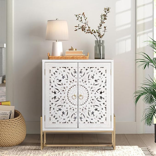 PHI VILLA White Accent Cabinet with Doors, Hollow Carved Small Buffet Sideboard, 2 Door Storage Cabinets