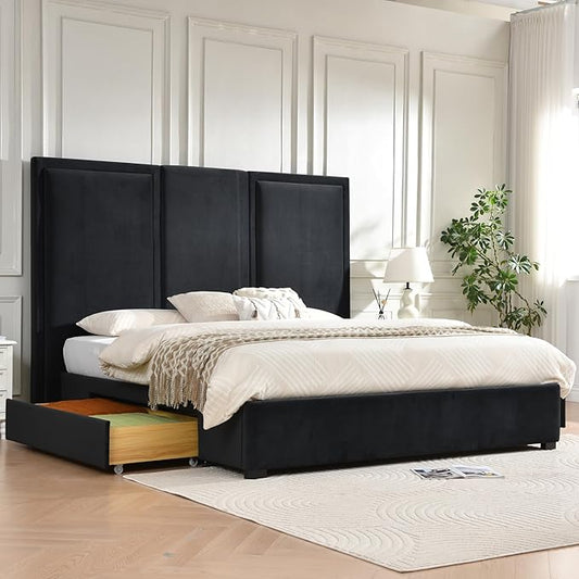 YUHUASHI King Size Bed Frame with 64-inch High Headboard, Simple and Airy Linen Upholstered Platform Bed with Storage Drawers, Wood Slat, No Noise (Ink Blue, King)