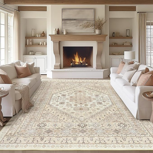 zesthome 7x9 Area Rug, Super Soft Washable Rugs for Living Room, Non-Slip Stain Resistant Vintage Rugs, Ultra-Thin Large Area Rugs (Cream/Beige,7'x9')