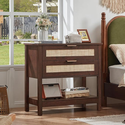 LEYAOYAO 31.5" Wide Rattan Night Stand, Oversized Large Walnut Nightstand with 2 Drawer, Boho Bed Side End Tables with Storage Shelf, Tall Bedside Table for Bedroom Living Room, Hallway