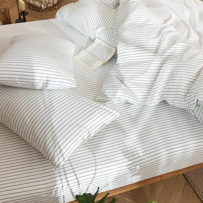 MooMee Striped Duvet Cover Set 100% Washed Cotton Linen Like Textured Breathable Durable Soft Comfy (White Heathered Green Wide Stripes, King 104"x90")