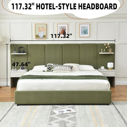 King Bed Frame with Storage & Built-in Nightstands, Velvet Upholstered Platform Bed Frame with Drawers & 2 Floating Storage Shelves, Noise-Free, No Box Spring Needed, Easy Assembly, Green