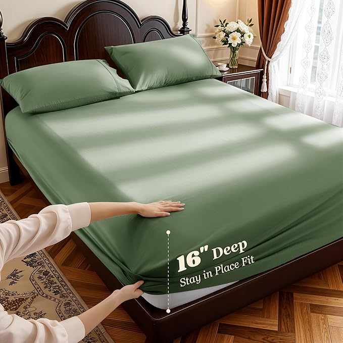LBRO2M 1000 Thread Count 100% Egyptian Cotton Sheets Set Full Size, 4 Piece Sets Bed Sheet Deep Pocket Sheet Set 16" Soft Comfortable All Season (Full Olive Green)