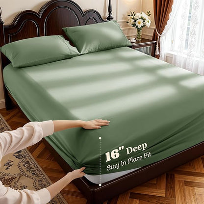 LBRO2M 1000 Thread Count 100% Egyptian Cotton Sheets Set Full Size, 4 Piece Sets Bed Sheet Deep Pocket Sheet Set 16" Soft Comfortable All Season (Full Olive Green)