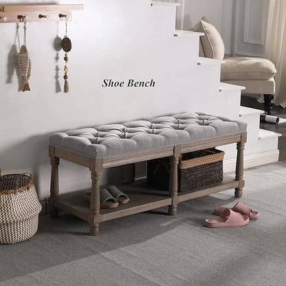 Mid Century Tufted Storage Bench with Shelf, Linen Upholstered Farmhouse Entryway Shoe Bench Ottoman Bed End Stool with Padded Seat, Rustic Bench for Bedroom Living Room Dining Room, Grey