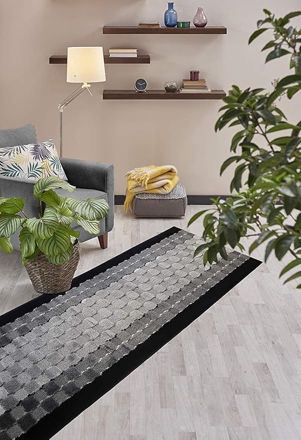 7 ft Long Non-Slip Washable Carpet Runner Rug with Rubber Backing, Custom Floor Mat for Kitchen Hallway Stairs Bedroom Bathroom Entryway, Checkered Black - Grey, Your Choice of Length, (26" X 7')