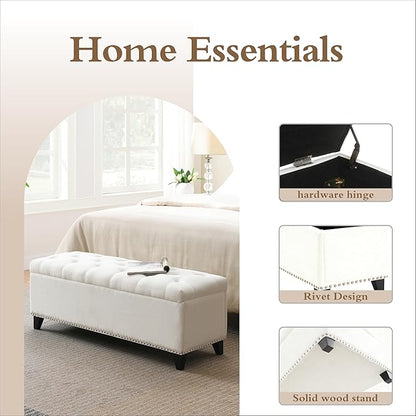 47.5“ Storage Ottoman Bench, Upholstered Button-Tufted End of Bed Bench with Soft-Close Hinge & Solid Wood Legs, Foot Rest for Living Room, Bedroom, Hallway (Linen, White)