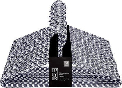 Clothes Hangers 60 Pack Stylish Fabric Wrapped Metal, Space Saving Coat, Velvet, Pant Hangers for Closet Organization, Durable Non-Slip, Navy/White Wardrobe Essentials Bulk Storage