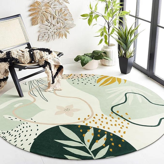 Lahome Green 8 Ft Round Rug - Washable Round Area Rug for Living Room Throw Soft Boho Round Rug Large Non-Slip Dining Room Rug, Botanical Print Round Carpet for Bedroom Office (Green,8'x8')
