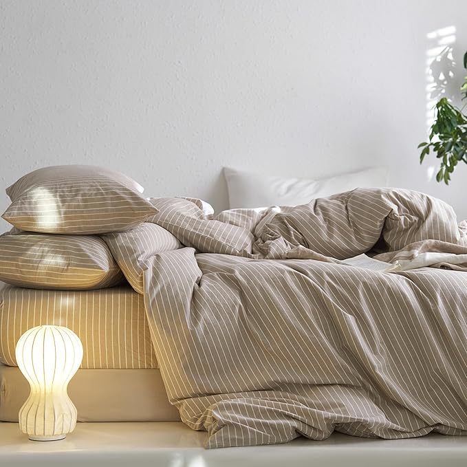 MooMee Striped Duvet Cover Set 100% Washed Cotton Linen Like Textured Breathable Durable Soft Comfy (Tannish Linen Grey White Wide Stripes, Super King Plus 120"x120")