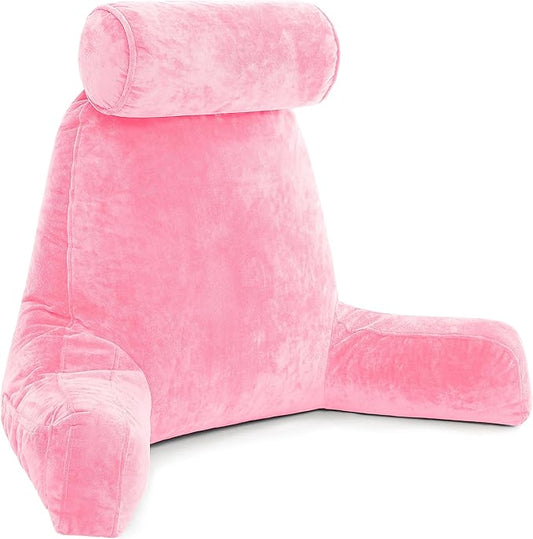 Husband Pillow XXL – Reading Pillow Bed Chair with Arms & Back Support – Pink - Back Pillow for Beds Sitting Up – Bed Rest Arm Pillow – Comfy Reading Pillow for Adults