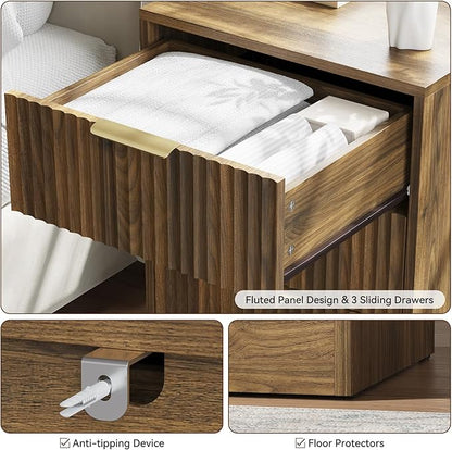 Walnut Dresser & 3 Drawer Nightstand Set 3-Piece, 63” Long 9 Drawer Dresser and Night Stand Set of 2, Fluted Modern Wood Chest of Drawers Storage Dressers Set for Bedroom, Walnut