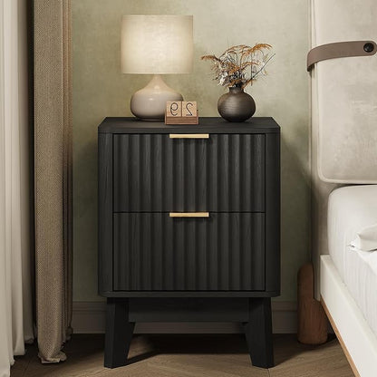 Fluted Nightstand,Modern End Table with Metal Handle,2 Storage Drawers Side Table,Bedside Table for Bedroom,Wood Nightstands,Curved Profile Design Furnitue,Black