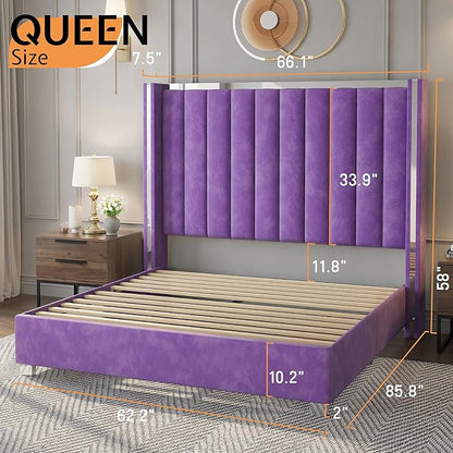 Jocisland Queen Bed Frame with 58" Tall Headboard, Velvet Upholstered Platform Bed with Channel Tufted Wingback Headboard and Plating Trim, No Box Spring Needed, Purple
