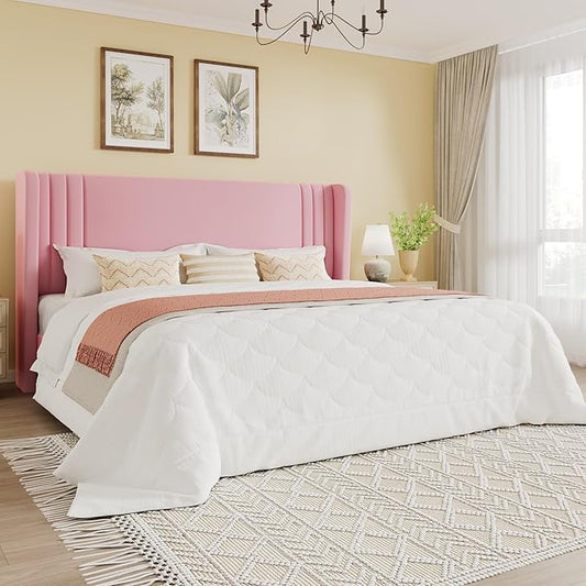 SHA CERLIN King Size Velvet Upholstered Platform Bed Frame with Vertical Channel Tufted Wingback Headboard, Wooden Slats Support, Easy Assembly, Under Bed Storage, No Box Spring Required, Pink