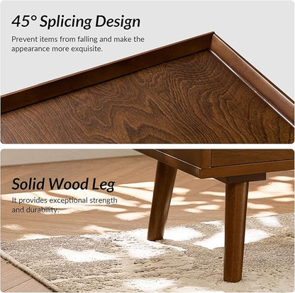 HULALA HOME 2 Drawer End Table with Pull-Out Shelf, Mid-Century Modern End Table with Wood Legs, Wood Side Table with Charging Station(Walnut, Set of 2)