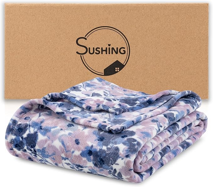 Luxury Printed Fleece Warm Blanket, Soft Lightweight Velvety Plush Throw for Couch and Bed, Cozy Comfy for All Seasons(White Purple Flowers, 108×90 Inches)