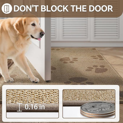 Door Mat Indoor Entrance 17"x30", 0.16" Thin Paw Print Low Pile Doormat, Non Slip Welcome Mat, Trap Dirt and Moisture, Easy Clean, Brown
