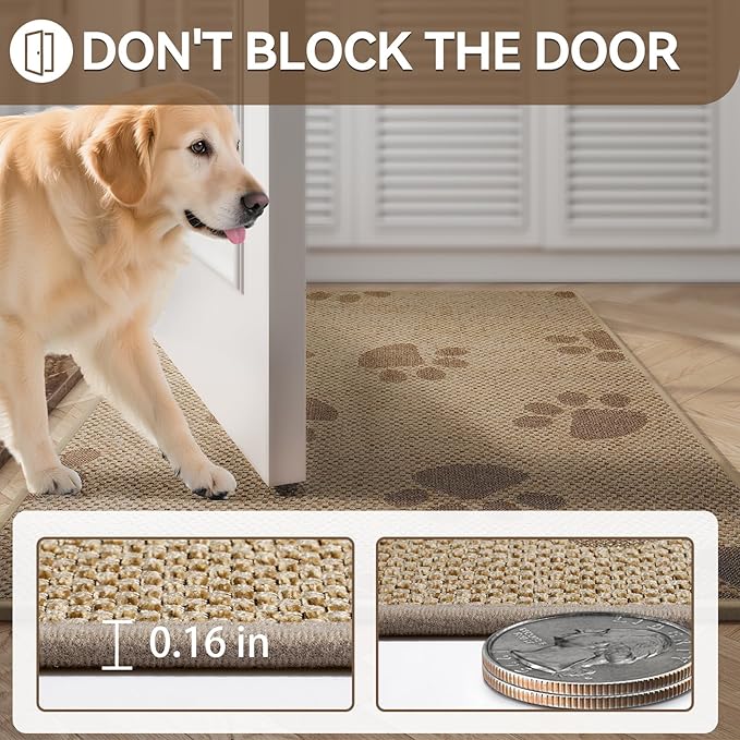 Door Mat Indoor Entrance 24"x35", 0.16" Thin Paw Print Low Pile Doormat, Non Slip Welcome Mat, Trap Dirt and Moisture, Easy Clean, Brown