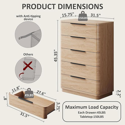5 Drawer Dresser for Bedroom, 45" Tall Modern Chest of Drawers with Metal Handle, Curved Profile Design, Wooden Closet with Large Drawers Dressers Organizer for Entryway Hallway