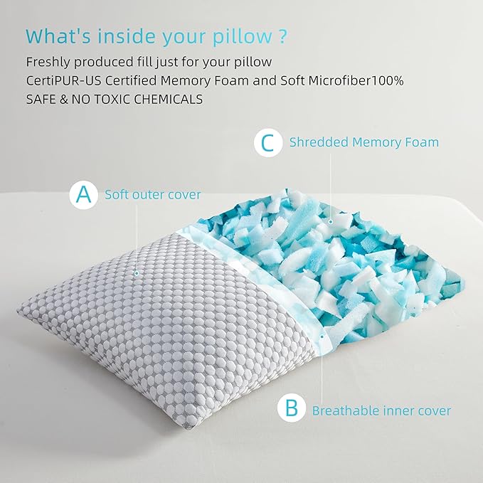 SAPHREAS Cooling Bed Pillows Queen for Sleeping, Luxury Hotel Shredded Memory Foam Pillows for Side Back Stomach Sleepers, Cool Firm Pillow for Neck Support