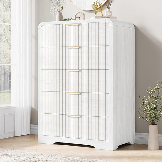 Fluted 5 Drawer Dresser for Bedroom, 43" Tall Dressers & Chests of Drawers Curved Profile Design, Wood Mid Century Vertical Dresser Natural Texture for Bedroom, White Dresser