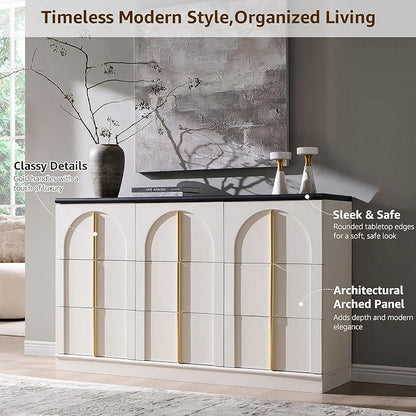 ACCOHOHO Arched Dresser for Bedroom with 9 Drawers, 52" Wide Modern Chest of Drawers with Rounded Edge & Metal Handles, Wood Storage Closet Dressers TV Stand for Living Room, Hallway, White