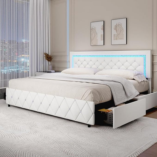 BarnFurin King Size Bed Frame with LED Lights and Storage Drawers, Upholstered Platform Bed with Diamond Tufted Headboard, Wooden Slats Support, No Box Spring Needed, Easy Assembly, White