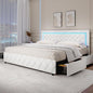 BarnFurin King Size Bed Frame with LED Lights and Storage Drawers, Upholstered Platform Bed with Diamond Tufted Headboard, Wooden Slats Support, No Box Spring Needed, Easy Assembly, White