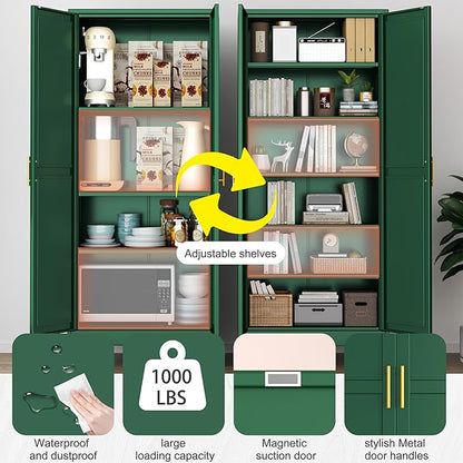 Kitchen Pantry Storage Cabinet with Doors and Adjustable Shelves, Metal ClosetMaid Food Pantry Cabinets, 75" Tall Freestanding Cupboard for Kitchen, Laundry or Utility Room, Green