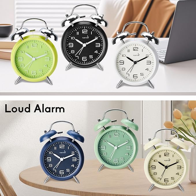 (Loud Alarm for Deep Sleepers 4'' Twin Bell Alarm Clock, Stereo Digital Dial Alarm Clock with Backlight for Bedroom and Home Decoration(Aurora White)