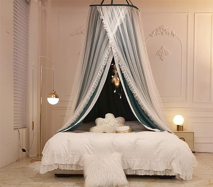VETHIN Double Layer Princess Round Dome Canopy Bed Curtain for Girls Adults,Children Dreamy Mosquito Net,Cute Bedroom Decoration Castle Play Tent Reading Nook Canopies (Blackish Green/White)
