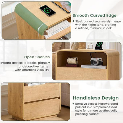 Curved Night Stand Set of 2, 23.2" Large Wood Farmhouse Nightstand with Charging Station & 2 Storage Drawers Bedside Table, Modern End Table for Bedroom, Living Room, Natural